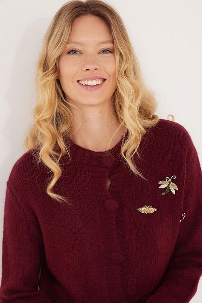 Tudors Women's Regular Fit Classic Cut Butterfly Embroidered Burgundy Cardigan