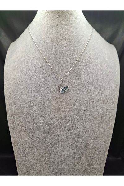 Han Ticarethane Silver Color Stone Butterfly Model Steel Necklace