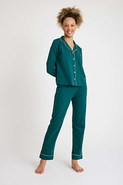 Dennis Denise Long Sleeve Cotton Women's Piped Pajama Set