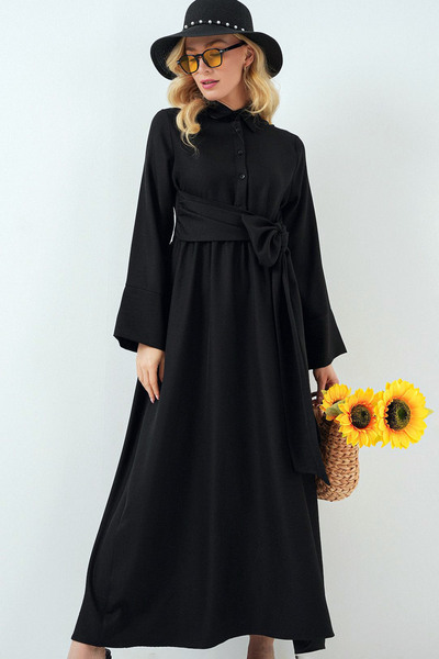 MissThetis Yarım Pat Düğmeli Gömlek Yaka Uzun Kol Önü Kuşaklı Bağlama Detaylı...