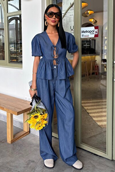 Lijuri Set pantaloni Plazzo cu mâneci pepene verde și dantelă în față 10177