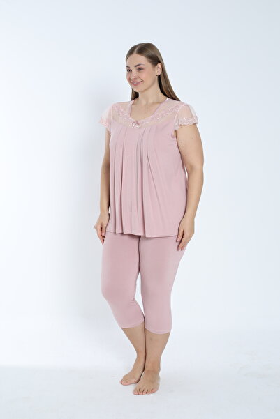 Cotpark Women's Plus Size Viscose Elastane Fabric Short Sleeve Capri Suit 14545-B