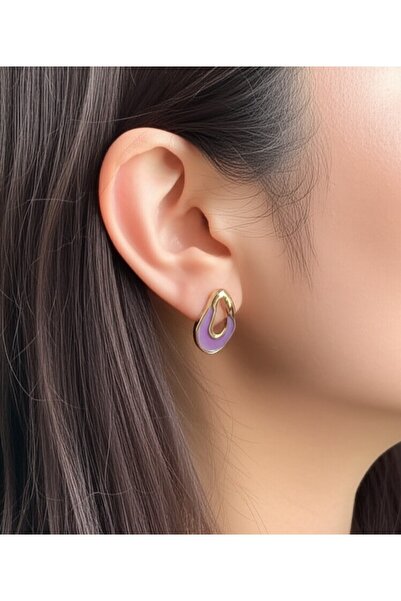 HARİNA Asimetrik Mor Mineli Altın Renk Küpe