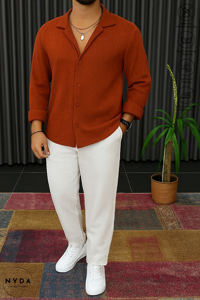 Nyda Collections Men's Crinkle Suit Buttoned Shirt and Lace-Up Trousers Summer Suit Double Pocket Crinkle Fabric