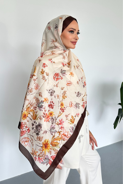 Stella Eşarp Flowers Floral Pattern Καφέ μαλακό βαμβακερό σάλι