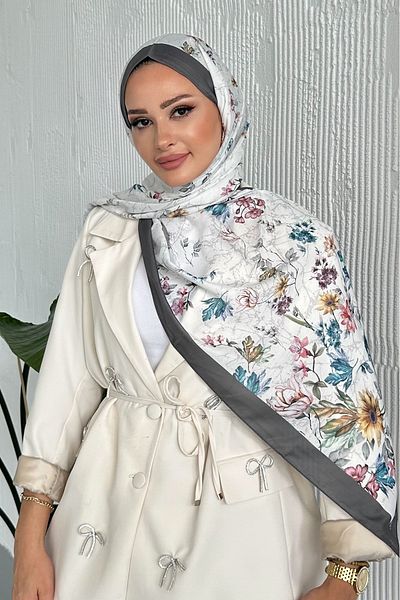 Stella Eşarp Flowers Floral Patterned Gray Color Soft Cotton Shawl