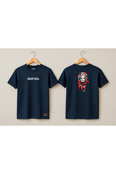 HUBERYWEAR Tricou de damă cu imprimeu portret artistic, albastru marin croi r...