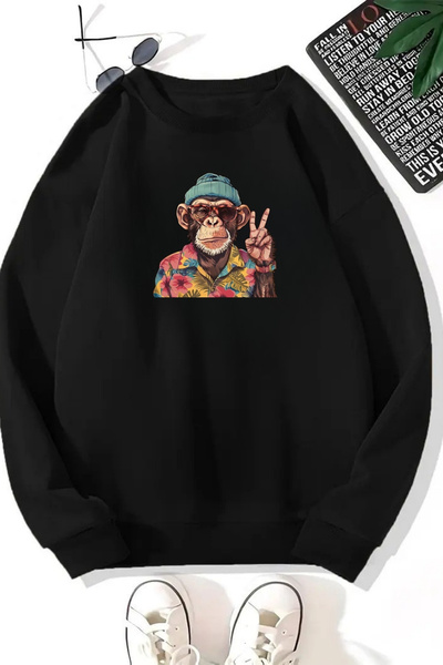 Sweetline Unisex Black Monkey Printed Crew Neck Sweatshirt - Winter Embossed Fabric