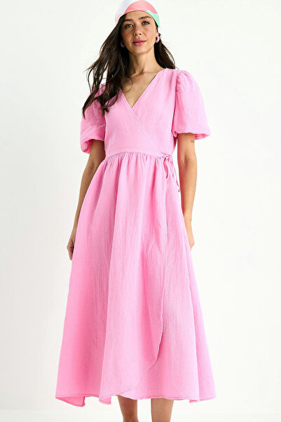 MissThetis Kısa Balon Kollu İpli Bağlamalı Kruvaze Kapamalı Müslin Kumaş Uzun...