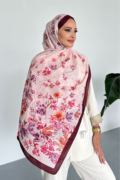 Stella Eşarp Flowers Floral Patterned Burgundy Color Soft Cotton Shawl