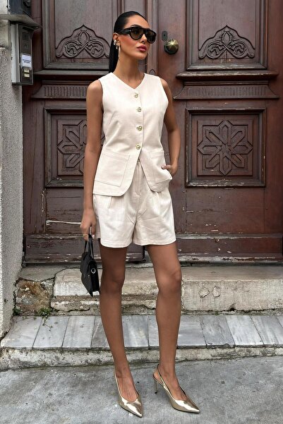 Lijuri Gold Button Detailed Vest Shorts Cotton Set 10134-17 R9-F-K5