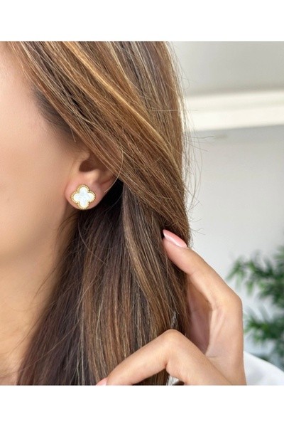 Manu Collection Women's Steel White Edges Gold Clover Model Earrings in Special Box