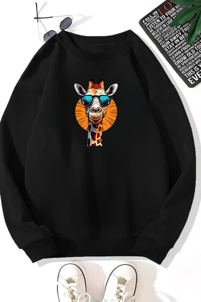 Sweetline Unisex Black Giraffe Printed Crew Neck Sweatshirt - Winter Embossed Fabric