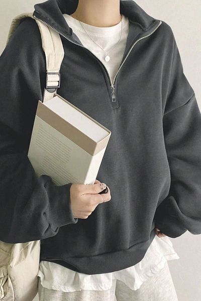 GHASSY CO. Ghassy Co. Women's Cotton Oversize Silver Half Zip Sweatshirt