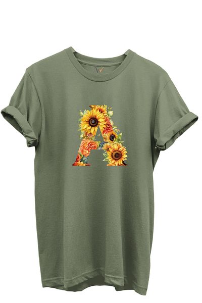 WİDİ Sunflower Patterned Letter "A" Printed 100% Cotton Regular Fit Unisex T-Shirt