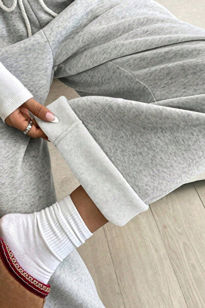 Tarz Cool Women's Gray Baggy Loose Cut 3 Thread Raised Sweatpants