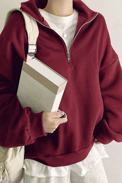 GHASSY CO. Ghassy Co. Women's Cotton Oversize Silver Half Zip Sweatshirt