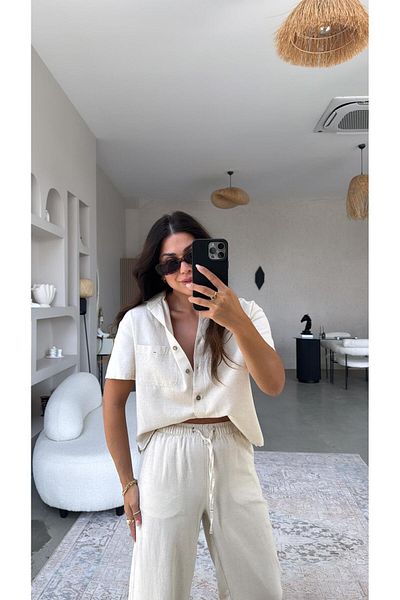 Buket Teke Raw Linen Shirt Pants Dlv Set