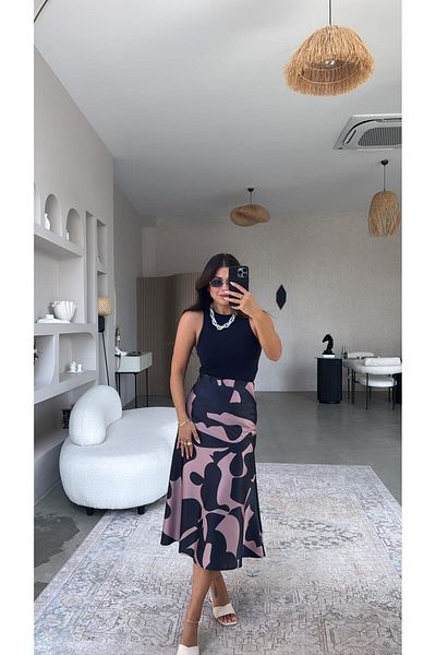 Buket Teke Navy Blue Patterned Satin Skirt