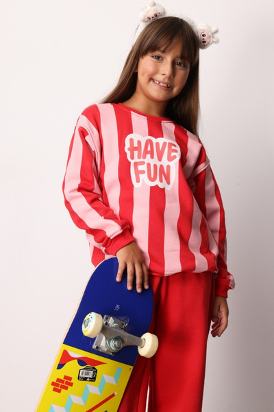 Le Mabelle Red Have Fun Printed Striped Girl's Tracksuit Set - Phoebe