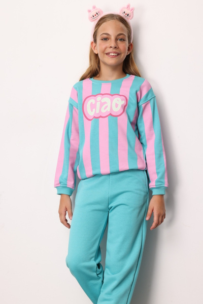 Le Mabelle Mint Ciao Printed Striped Girl's Tracksuit Set - Phoebe