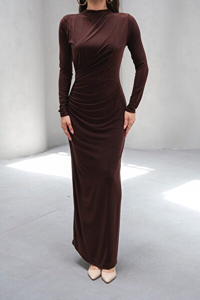 VAGGON Kadın Acı Kahve Hakim Yaka Drape Detaylı Astarlı Uzun Elbise Vs00803