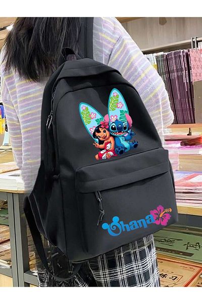 DEEFWEAR Black Lilo & Stitch Surf Day Course, Dershane, Etüt School Backpack