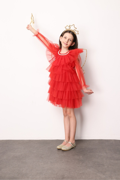 Le Mabelle Red Layered Girl's Tulle Dress - Laura