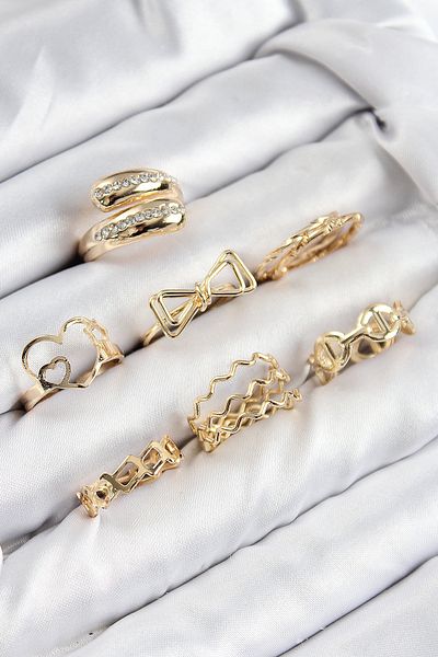 Clariss Brass Zircon Stone Bow and Heart Model Gold Color Women's Ring Combination Set