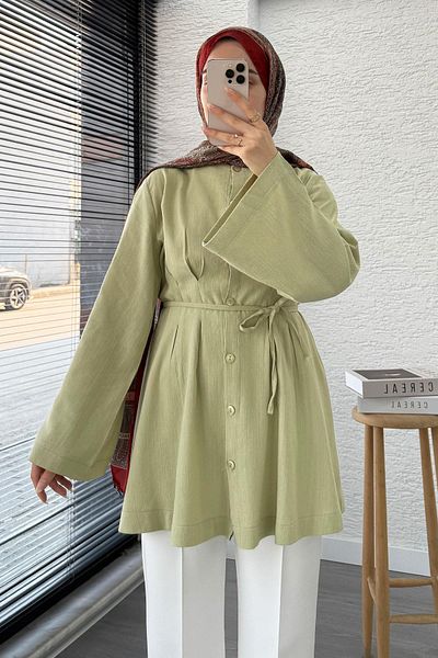 MELEK ARAZ Flounce Sleeve Linen Pleated Tunic - Mildew Green