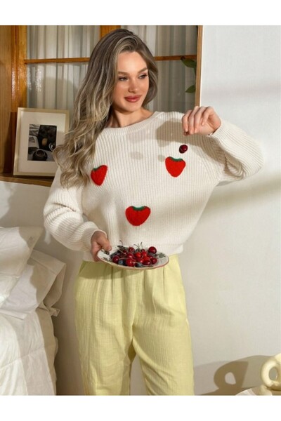 Dier Moda Kadın Çilek Desenli Over Size Selanik Örgü Kazak