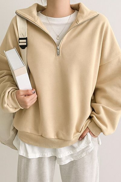 GHASSY CO. Ghassy Co. Women's Cotton Oversize Silver Half Zip Sweatshirt