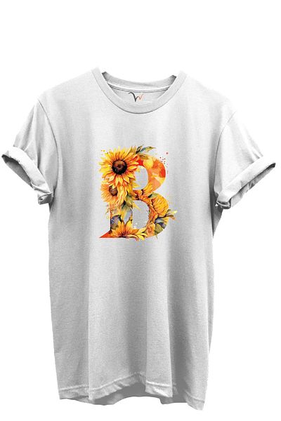 WİDİ Sunflower Patterned Letter "B" Printed 100% Cotton Regular Fit Unisex T-Shirt