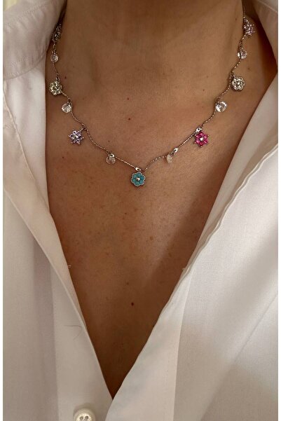 Esmeray Aksesuar Gümüş Renk Paslanmaz Çelik Zirkon Renkli Taşlı Çiçek Figürlü...