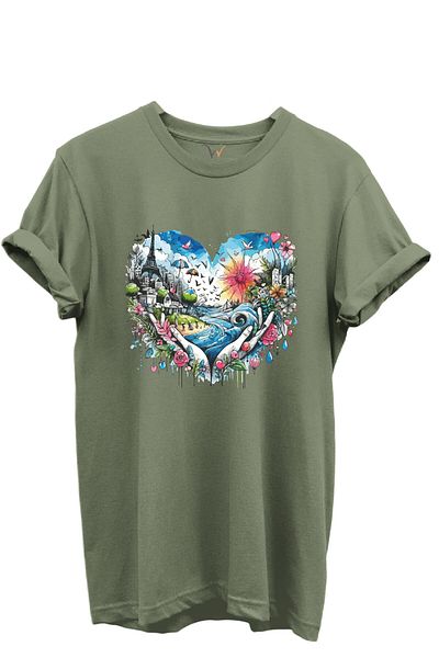 WİDİ Heart City View Color Printed 100% Cotton Regular Fit Unisex T-Shirt
