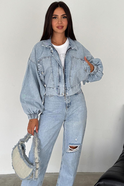 Noa Noa Kadın Açık Mavi Kısa Denim Ceket – Elastik Manşetli Crop Model