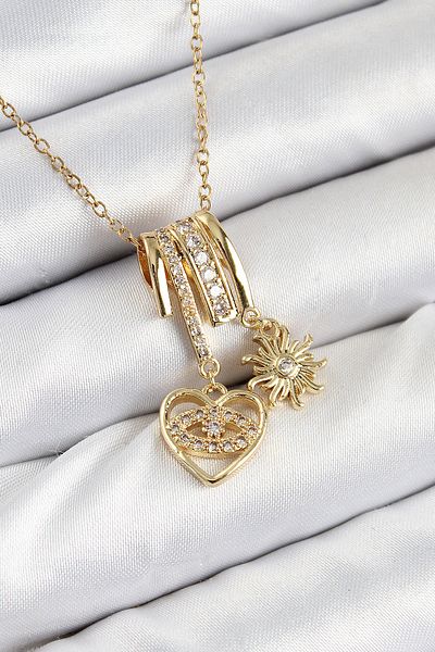 Clariss 316L Steel Zircon Stone Dangle Heart and Sun Model Gold Color Women's Necklace