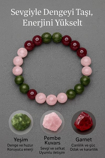 nss sky rock Natural Stone Bracelet – Jade, Pink Quartz and Garnet Combination 8 mm 19 cm