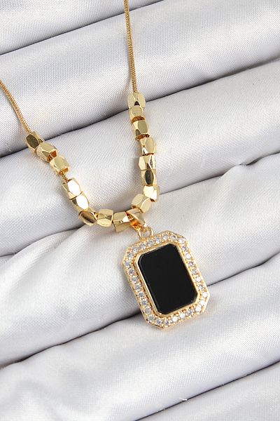 Clariss 316L Steel Zircon Stone Black Baguette Model Gold Color Women's Necklace