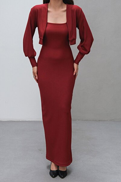 VAGGON Women's Burgundy Thin Strap Long Dress and Cardigan Double Set with Slit Detail Vs00806