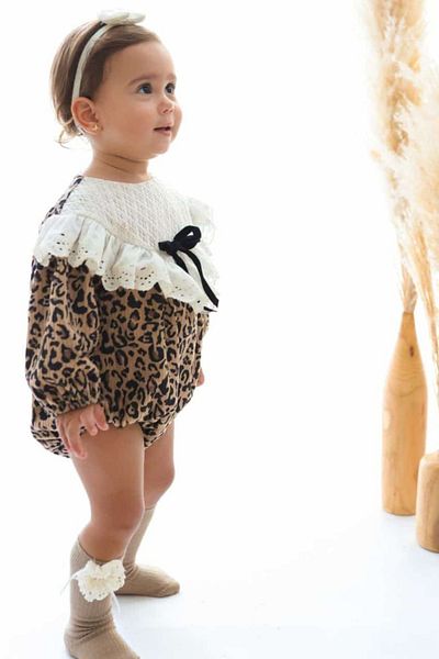 Le Mabelle Brown Leopard Patterned Baby Girl Romper with Fishtail Collar - Lenora
