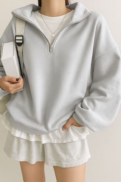 GHASSY CO. Ghassy Co. Women's Cotton Oversize Silver Half Zip Sweatshirt