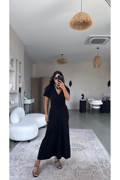 Buket Teke Black Waist Knot Detailed V-Neck Elegant Dress