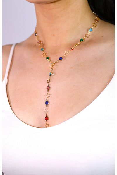 MARCİELO Accessories Y Necklace - Color Stone Star Low-Cut Necklace