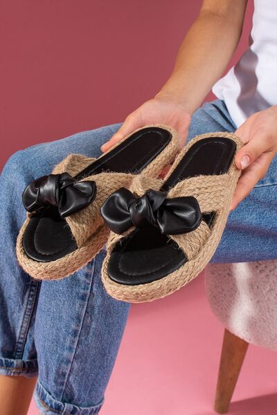 FUGA MODA Selvia Black Bow Detailed High Straw Wrap Sole Premium Slippers