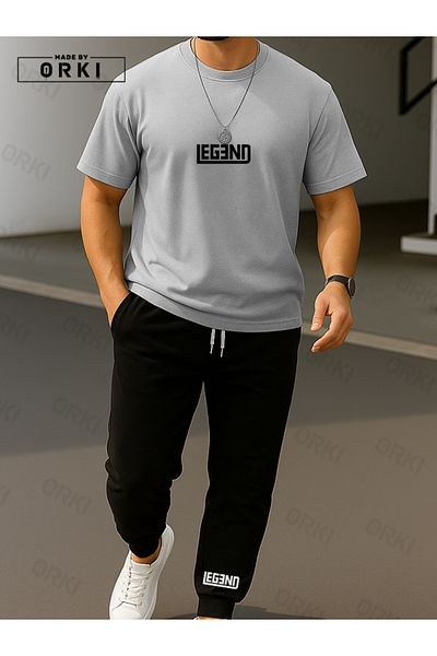 EFFRENATU Legend Printed Oversize Gray T-Shirt & Black Pants Tracksuit Set