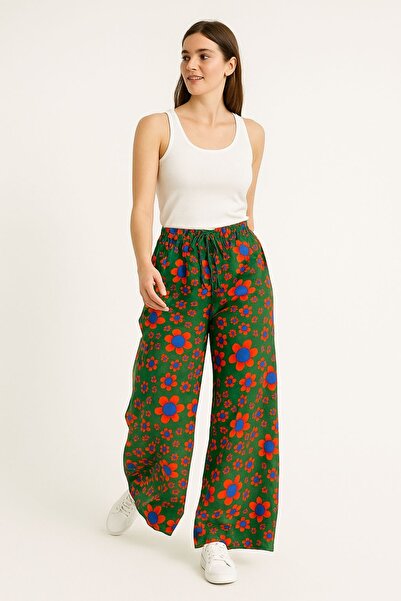 SheLoria Women's Green Red Daisy Patterned Belted Elastic Waist Relaxed Fit P...