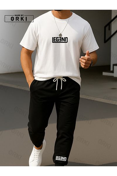 EFFRENATU Legend Printed Oversize White T-Shirt & Black Pants Tracksuit Set
