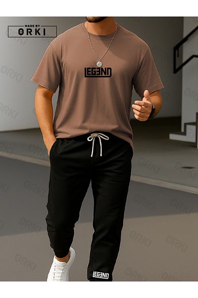 EFFRENATU Myth Printed Oversize Light Brown T-Shirt & Black Pants Tracksuit Set