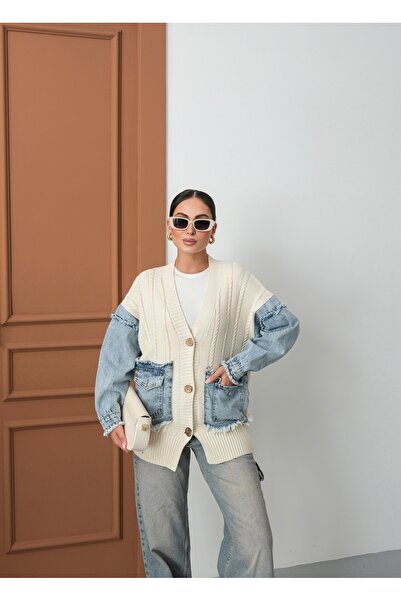 SOLİS MODA Γυναικείο πλεκτό τζιν μπουφάν με γαρνιτούρα